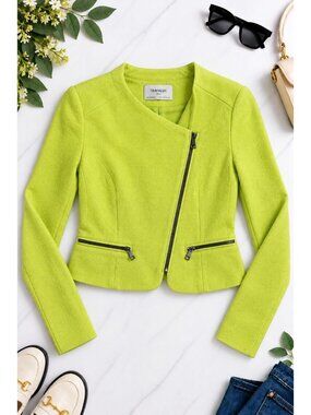 Zara Trafaluc Lime Green Asymmetrical Zip Jacket Womens Large Cotton Blend